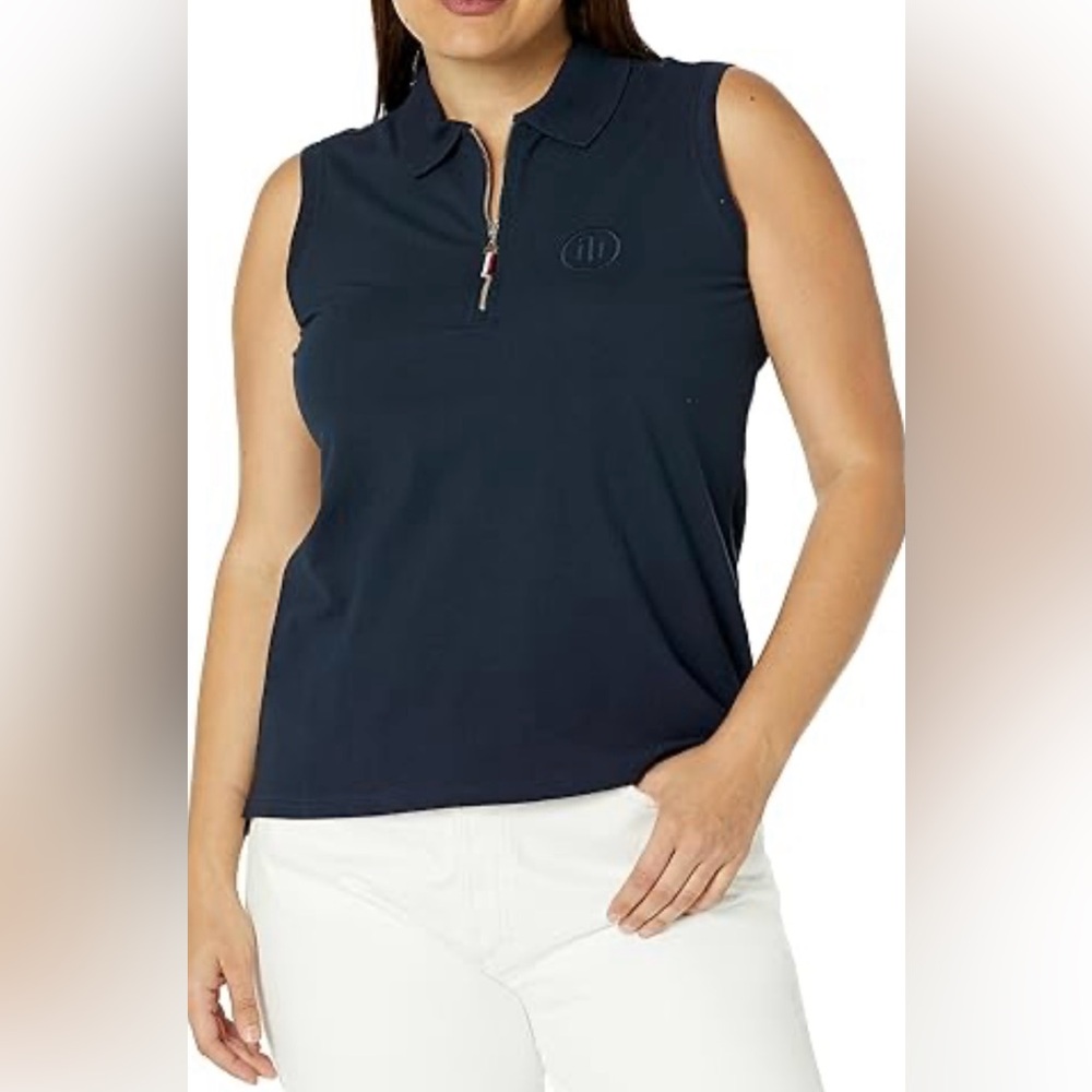 TOMMY HILFIGER ESSENTIAL POLO SHIRT ZIP-UP WOMENS SLEEVELESS NAVY BLUE COLOR 2X